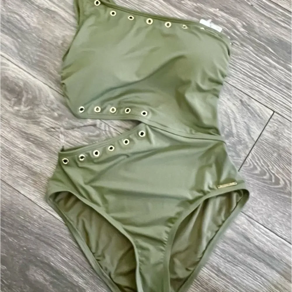 Michael Kors One Shoulder Cutout Side woman swimsuit with gold grommets size 12